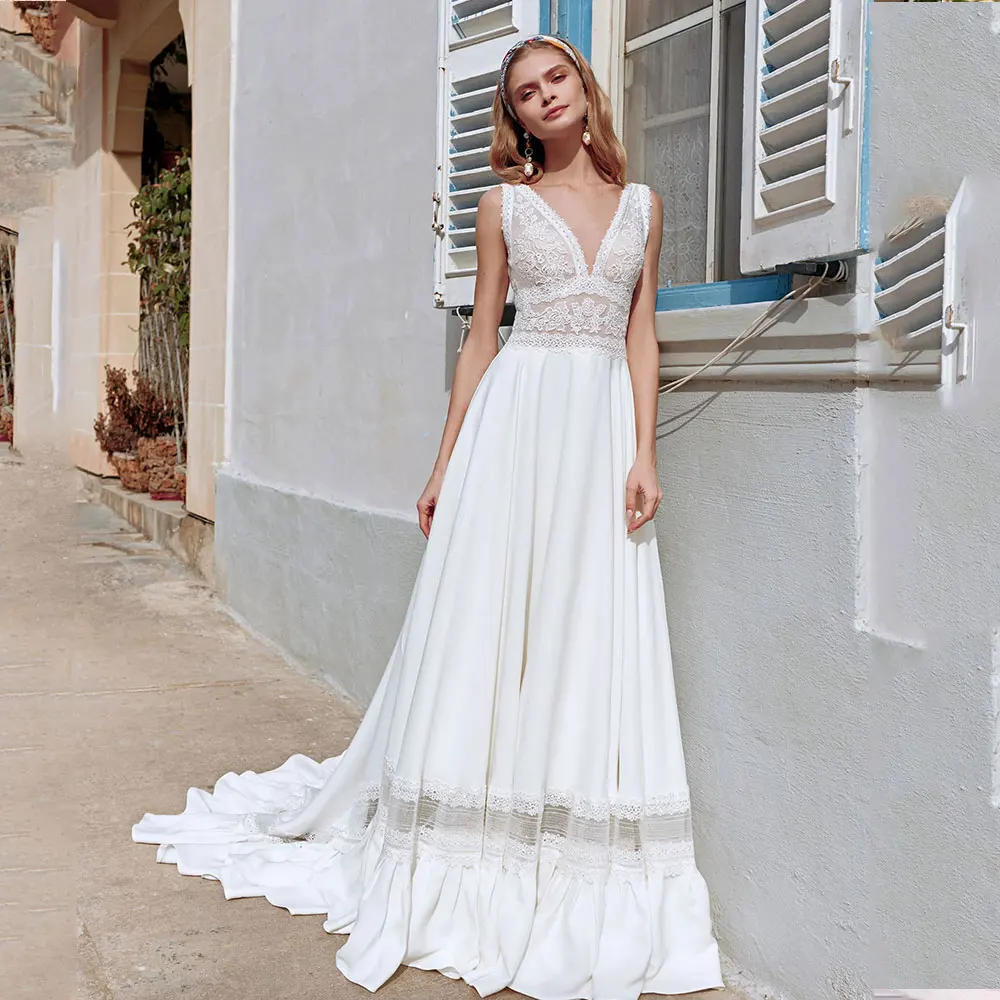 

Beach Simple Wedding Dress 2022 Lace Appliques V-neck Chiffon Princess Bridal Gowns for Women Sleeveless Bohemian Customsize