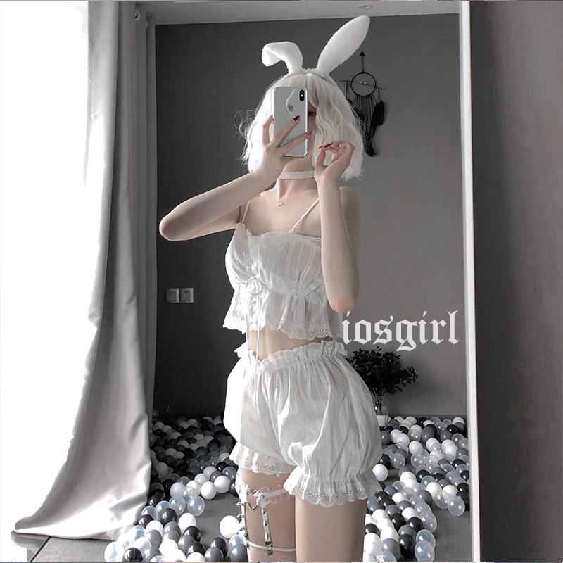 Sexy White Lingerie Set Lolita Ruffle Underwear Panties Bondage Nightwear Caitsuit Costume Transparent Dress Lolita Cosplay