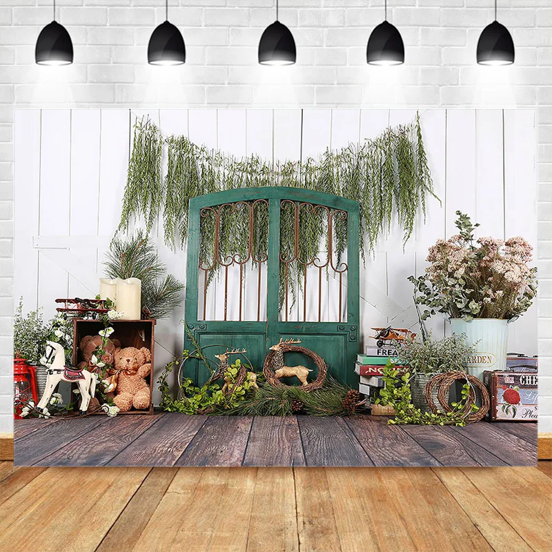 Children 1st Birthday Photography Background For Dark Green Wooden Door Flowers Backdrop Decoration Photocall Photobooth Studio