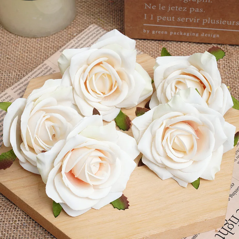 5pcs White Silk Artificial Rose Flower Heads Home Wedding Birthday Party Christmas Decor DIY Wreath Scrapbook Craft Fake Flowers