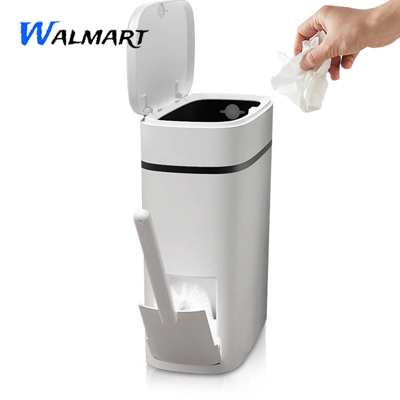 Smart 14L One Key Button Trash Bin Can for Toilet with Brush & Lid Household Bathroom Narrow Seam Trash Can Waste Garbage Bins