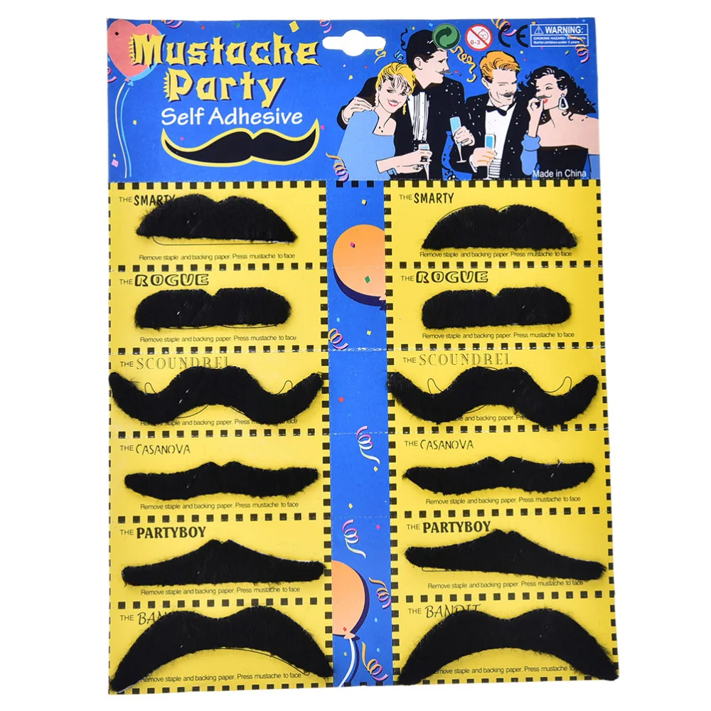 Batidor de barba falso para fiesta de disfraces, bigote de Halloween, negro, divertido, 12 unids/lote por paquete