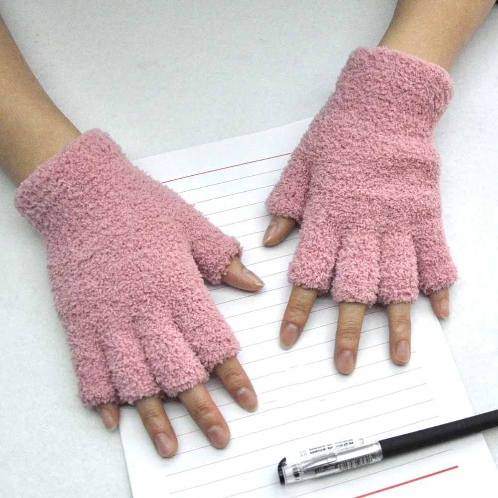 Unisex Half-Fingers Fuzzy Gloves Adult Fleece Gloves Cute Pink Warm Winter Female Gloves Winter Gloves