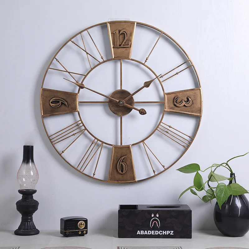 Large Vintage Metal Wall Clock Home Decor Livingroom Roman Round Shape Wall DecorativeHome Decoration Accessories Clock 60CM