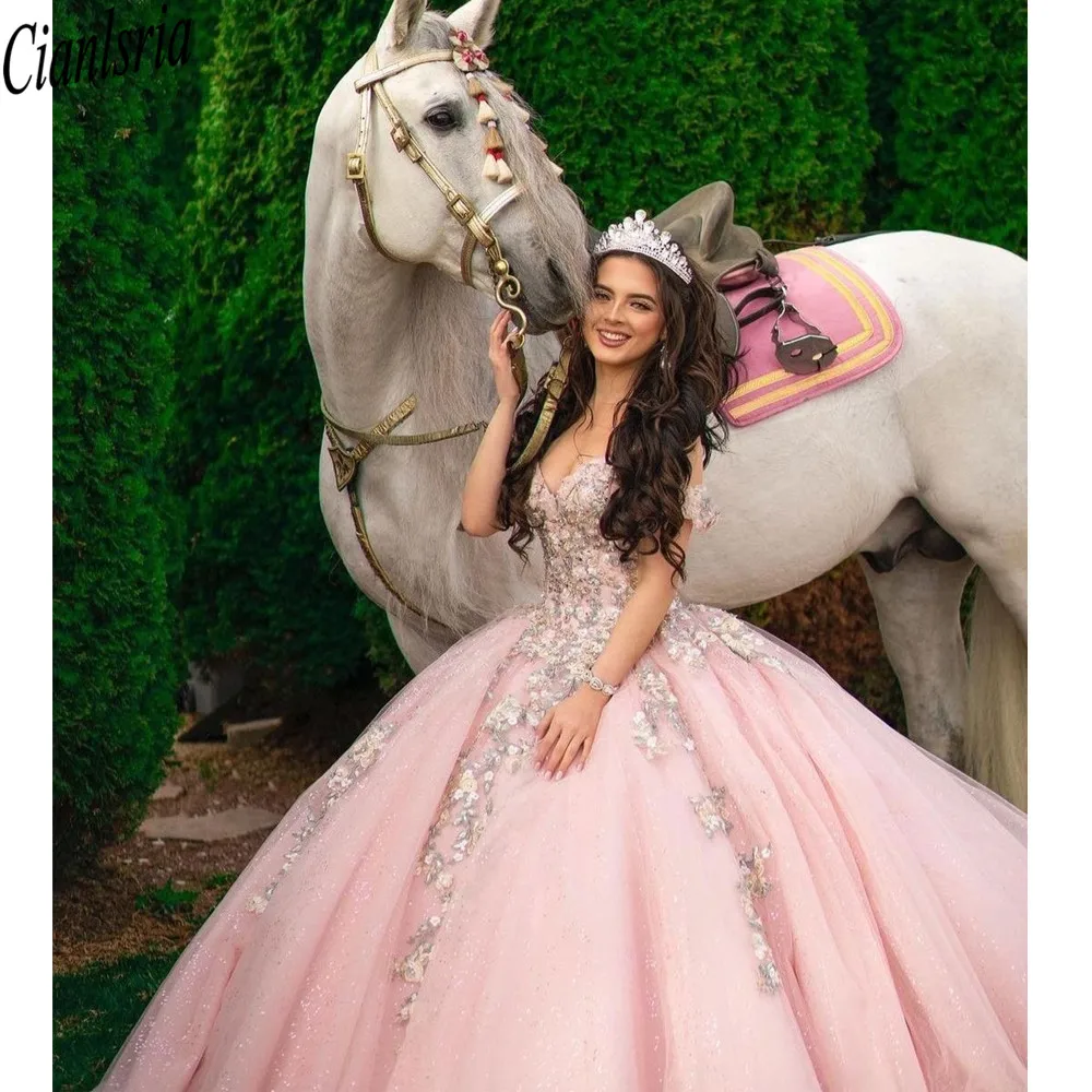 2021 księżniczka różowy Quinceanera suknie Off Shoulder 15 Party świecący urodziny słodkie 16 Debutante