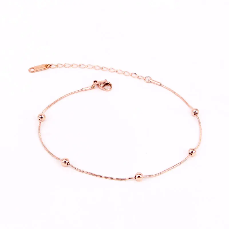 High Quality Simple Snake Bone Chain 5 Bead Anklet Stainless Steel Rose Gold Color Anklet For Women Gift Length 20cm + 5cm