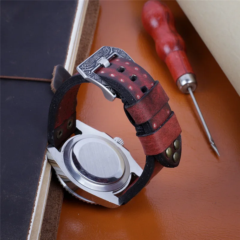 Cowhide leather strap 18 20 22 24mm 22mm watch strap Vintage men\'s strap watch accessories watchbands Engraved buckle UTHAI G26