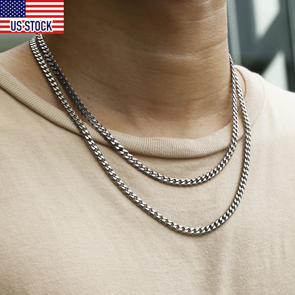 2pcs/Set 5mm Double Chains Stainless Steel Necklace for Men Women Curb Cuban Link Fashion Jewelry Gifts Wholesale KN196B