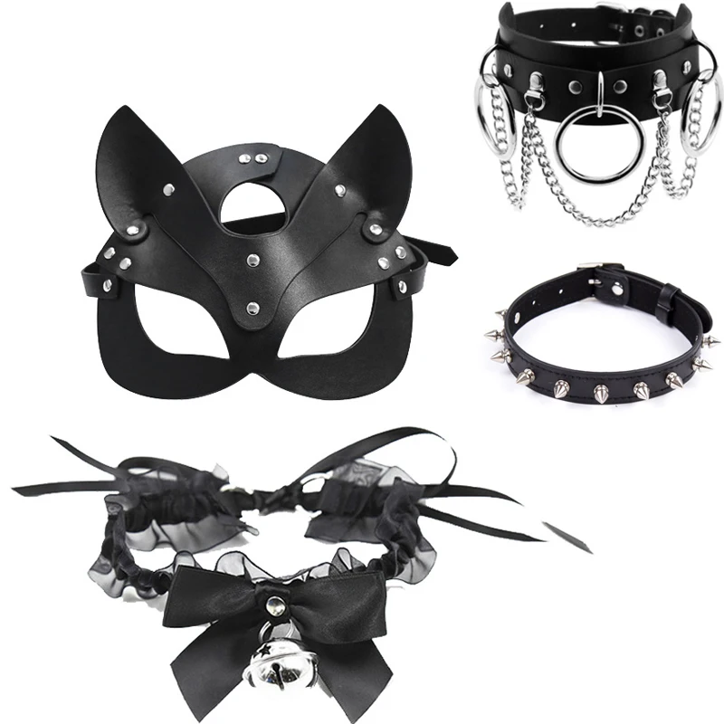 Erotic Women Sexy Mask Half Face Fox Cosplay Leather Sex Mask Halloween Party Mask Masquerade Ball Fancy Masks Punk Collar BDSM