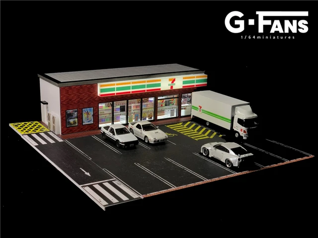 G-FANS 1:64ジオラマとledライト7-11 familymart sストアと駐車場 - AliExpress