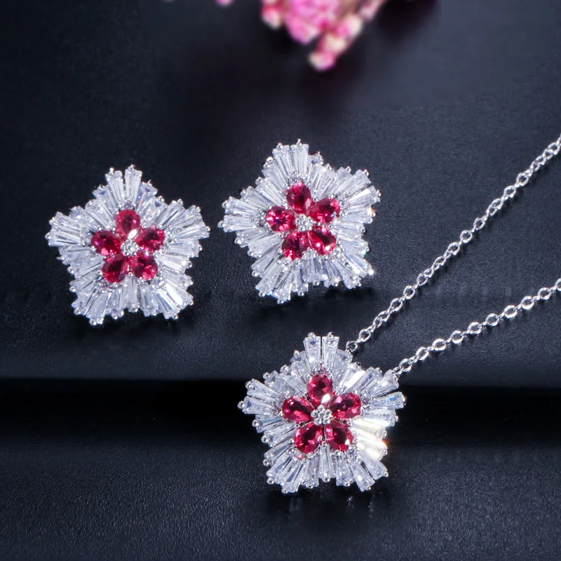 CWWZircons Marken-Damenmode Zirkonia Schneeflocken-Anhänger Halskette Ohrring-Sets für Frauen Party Geschenk Schmuck Großhandel T0037 – Detail 4