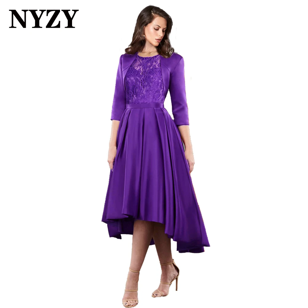 

M367C NYZY With Coat Satin 2 Piece High Low Purple Mother of the Bride Dresses 2021 Wedding Party Dress Guest Wear Church Suits