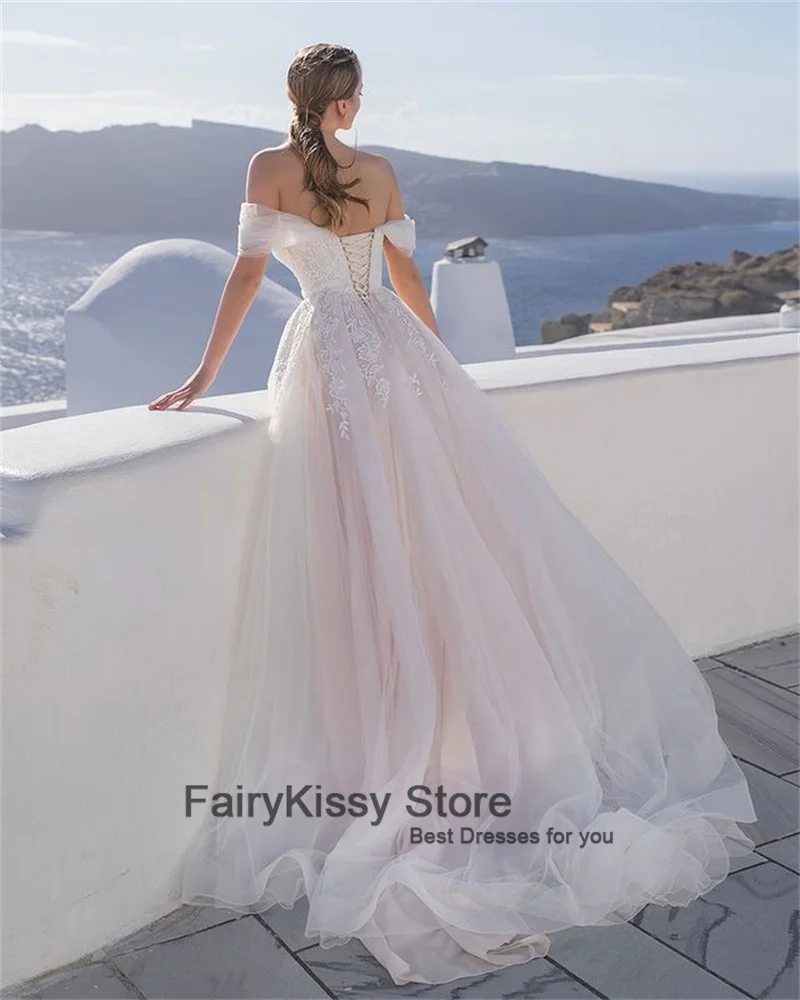 Fairykissy Puffy Mouwen Tulle Trouwjurken Floor Lengte Uit De Schouder Een Lijn Eenvoudige Bruiloft Partij Jassen Voor Bridal 2021