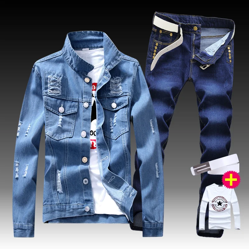 New Men's Denim Jacket Pants 2pcs Set Single Breasted Holes Casual Coat Trousers Slim Fit Cool Boys Jackets