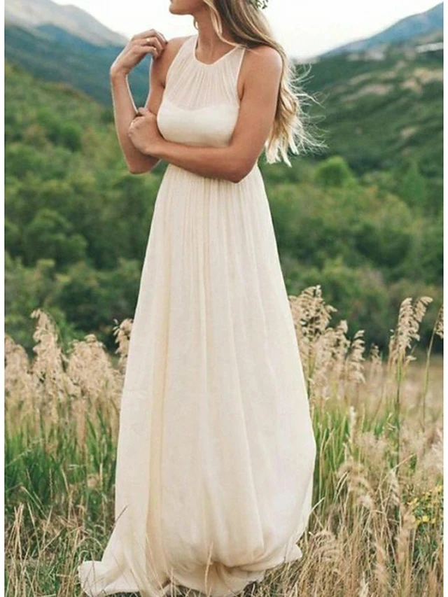 A-Line Wedding Dresses Jewel Sweep Train Chiffon Straps Country Simple Casual Bridal Gown Boho Vestidos De Mariage