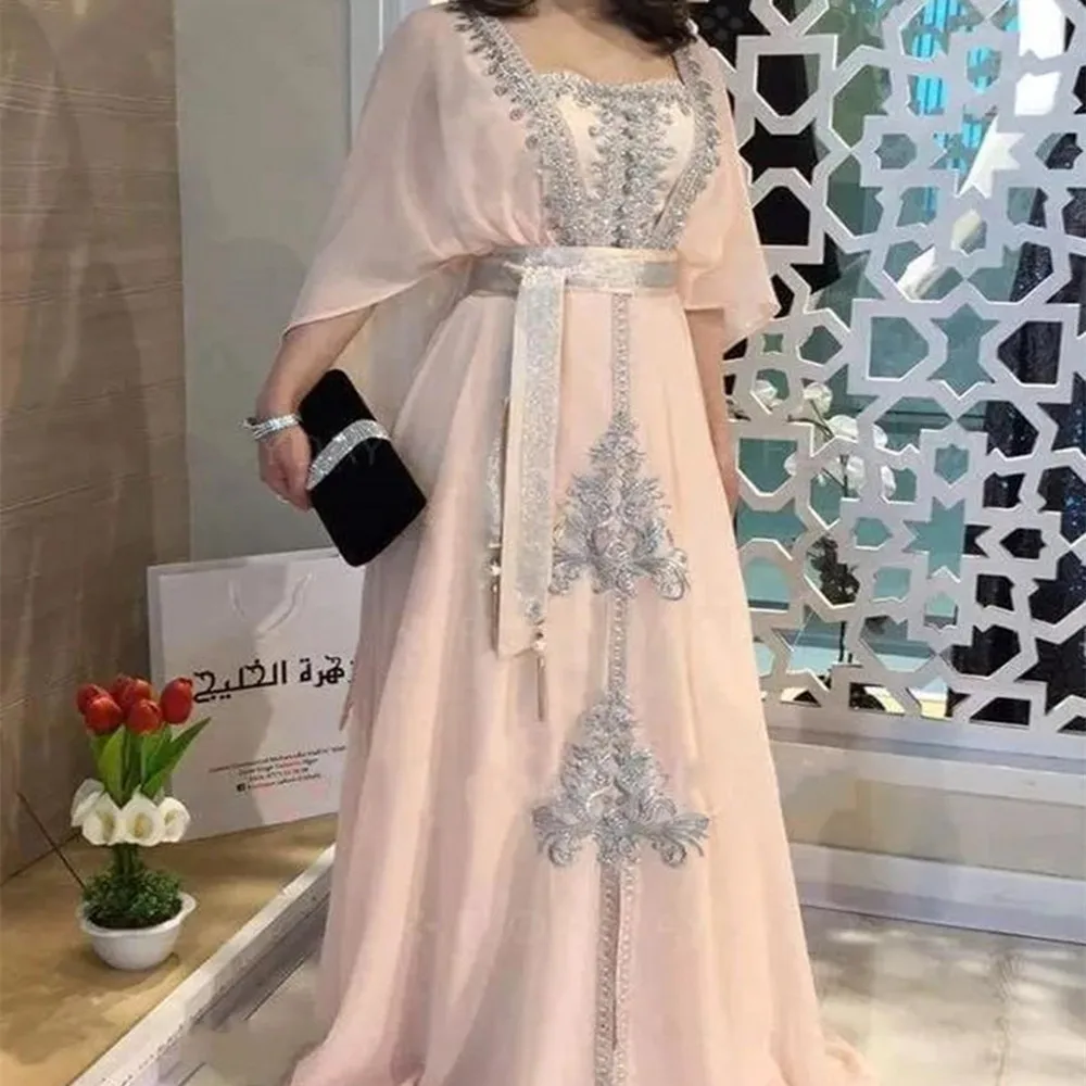 Splendidi abiti da sera caftano rosa con maniche Appliques in Chiffon pizzo islamico Dubai arabo saudita abiti da ballo lunghi formale Go