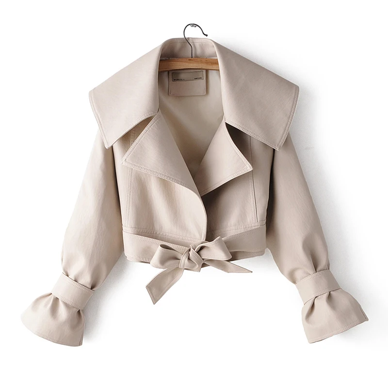 Chaqueta de cuero sintético para mujer, abrigo corto de manga acampanada, con solapa, color Beige, rojo y negro, para primavera y otoño