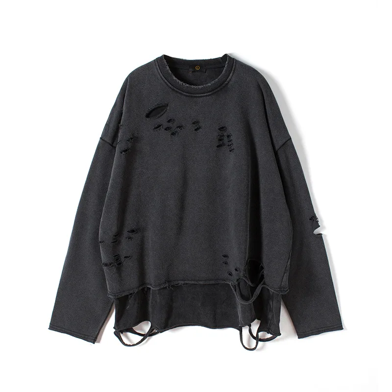 Vintage Aging Breaking Cutting Sweatshirt Streetwear Loose Pullover Hole Fashion Oversize Sweatshirts Autumn Tops Cotton HH544