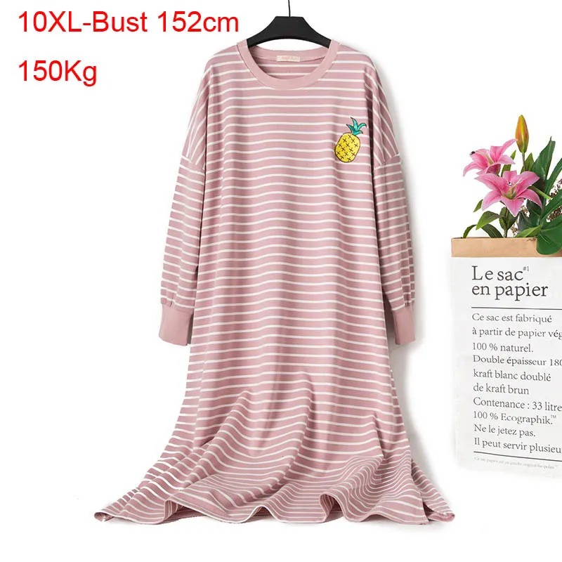 10XL 150Kg Plus size cotton night dress women bust 150cm long-sleeved striped o-neck sleepwear dress casual home dress 3 colors