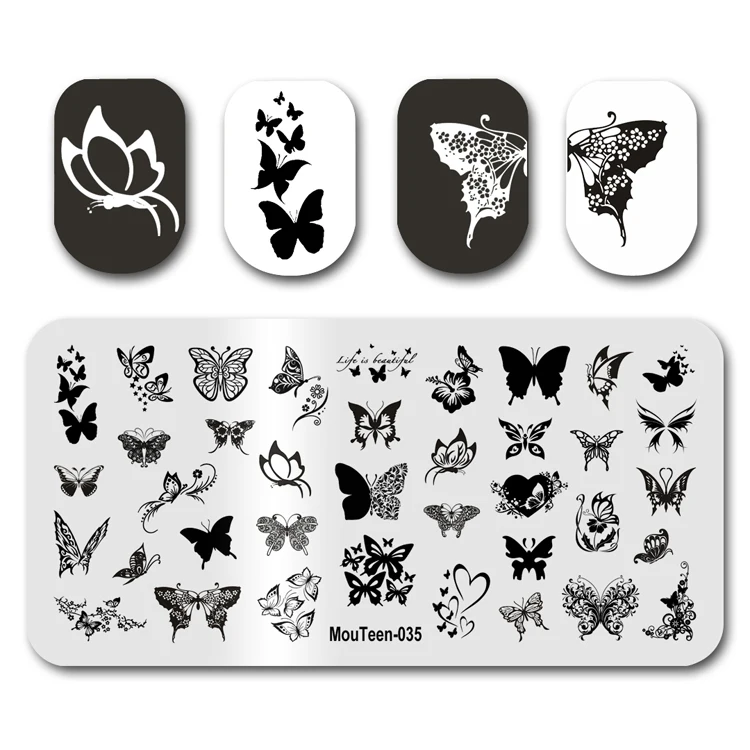 Ensemble de plaques d'estampage pour ongles, grande taille, motif papillon, fleur, nail art, manucure, tampon, MouTeen035