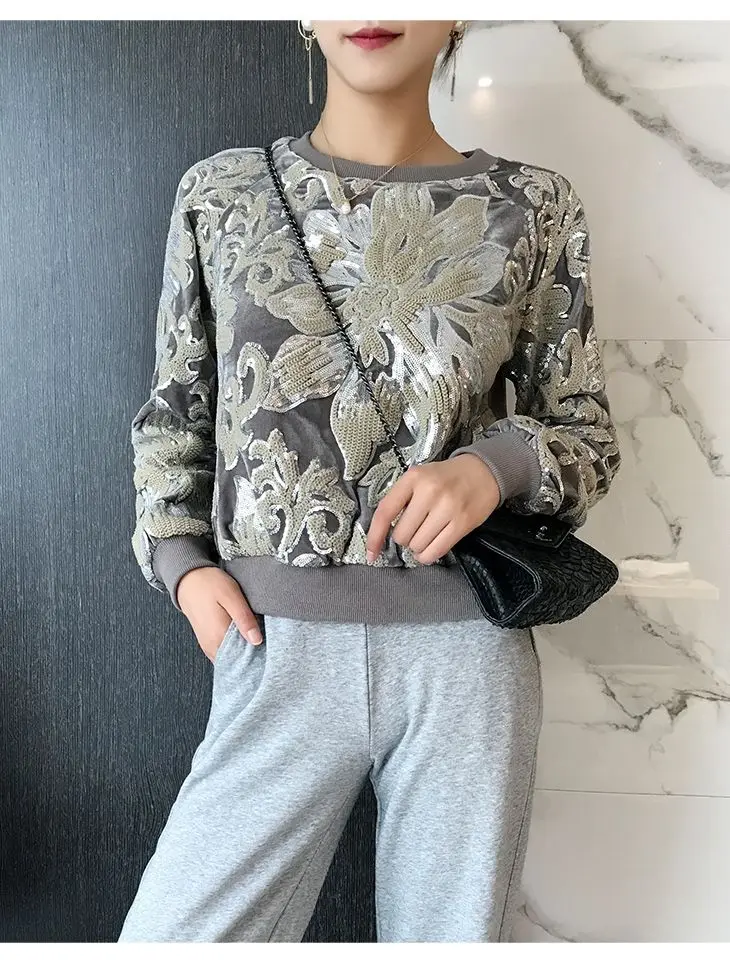 Runway Luxury Floral Sequins European Women Blouses Long Sleeve Patchwork Velvet Short Ladies Hooded Sweatshirts Blouses NZ149