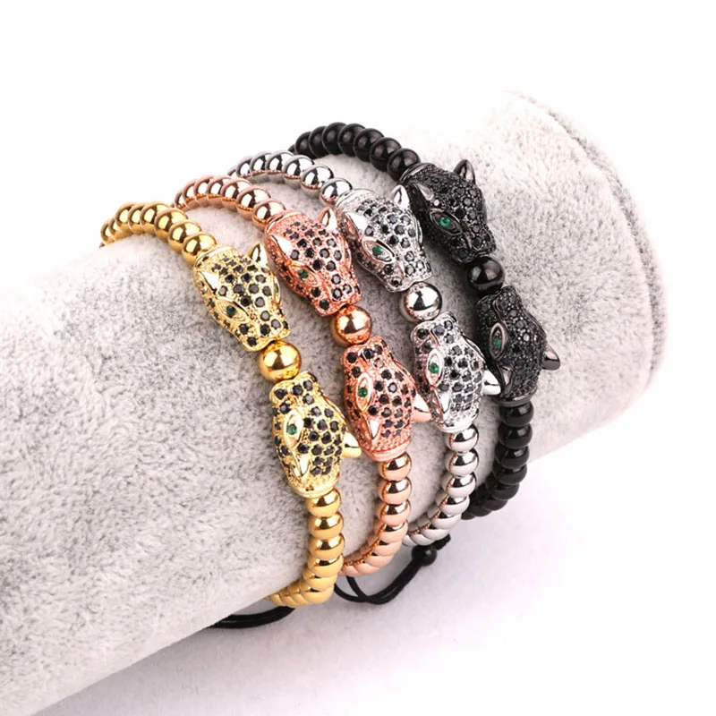 High Quality CZ Micro Pave Leopard Charm Stainless Steel Beads Adjustable Bracelet Men Women