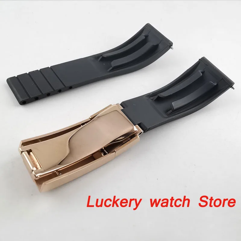 20mm black rubber strap Rose gold folding buckle fit 20mm width men\'s watch-BD09