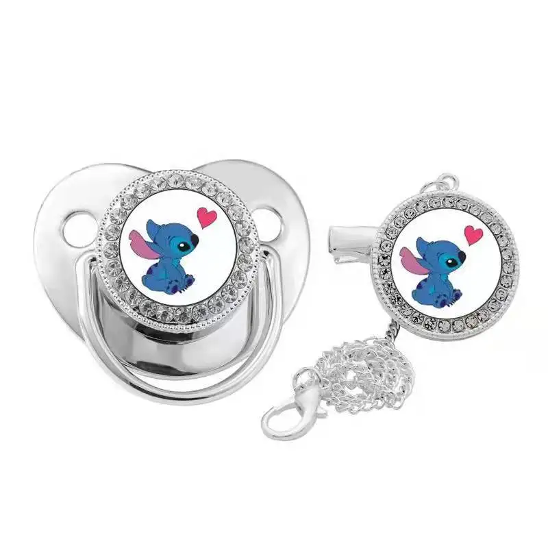 Disney Stitch Luxury Silver Transparent Baby Pacifier with Clip Newborn BPA Free Luxury Bling Dummy Soother Chupeta 0-18 Months