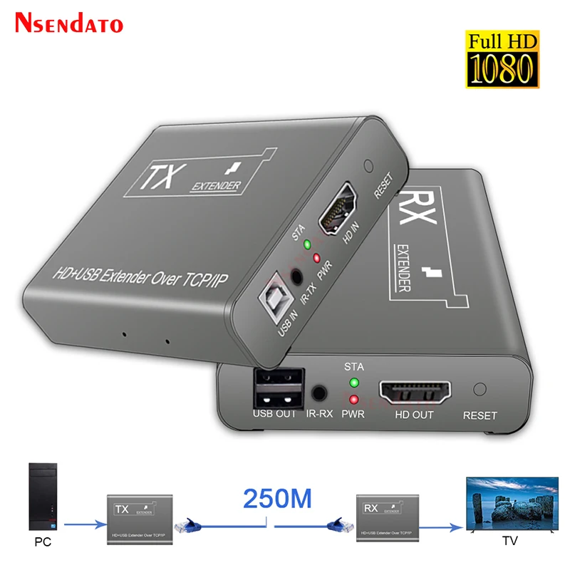 HD KVM USB Extender 60Hz 250M over RJ45 IP Network Ethernet KVM Switcher Extender CAT5e 6 By UTP/TCP For Monitor Mouse keyboard