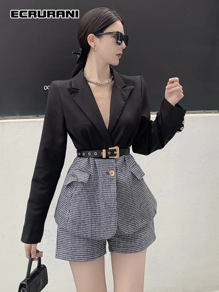 ECRURANI Elegant Colorblock Two Piece Set For Females Lapel Long Sleeve Coats High Waist Short Trouser Women\'s 2021 Shorts Suits