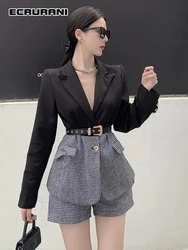 ECRURANI Elegant Colorblock Two Piece Set For Females Lapel Long Sleeve Coats High Waist Short Trouser Women's 2021 Shorts Suits