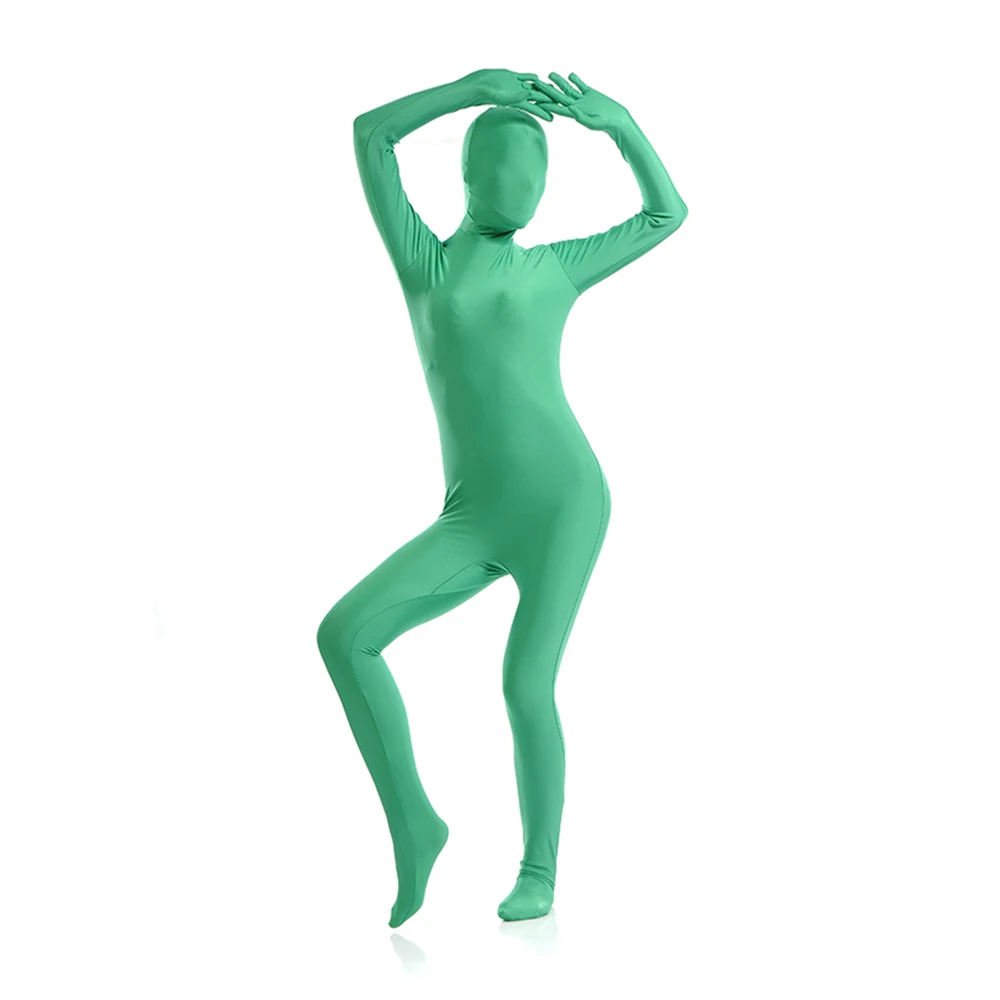 O envio gratuito de corpo inteiro zentai grama verde ternos apertados cor pura festa de halloween personalizado para olhos abertos boca adicionar virilha