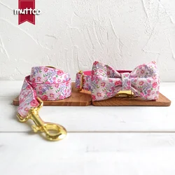 MUTTCO retailing handmade particular collar THE PINK FLOWER fashionable glossy dog collar and leash with bow tie 5 sizes UDC048B