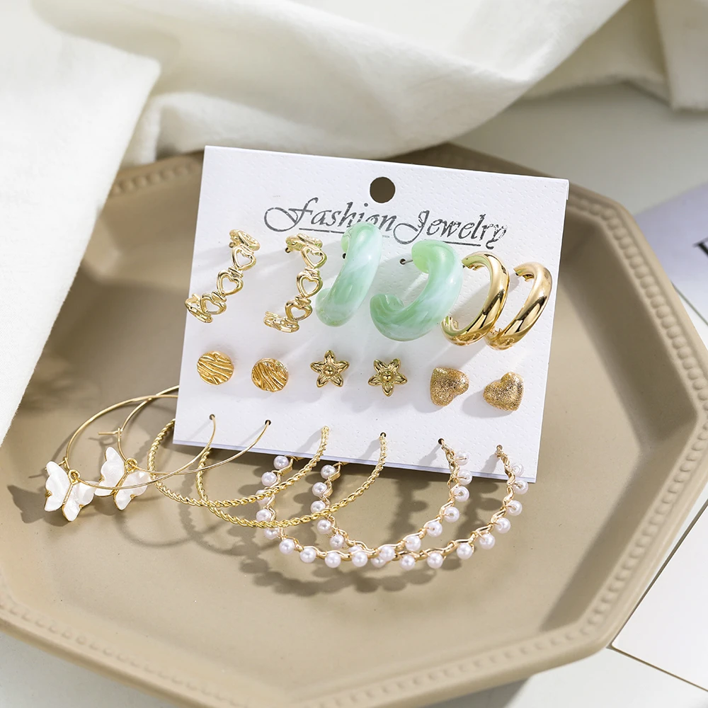 6/9 Pairs كبير هوب اللؤلؤ طقم من الحلقان موضة المعادن القرط فراشة دائرة هندسية خمر القرط للنساء مجوهرات 2021