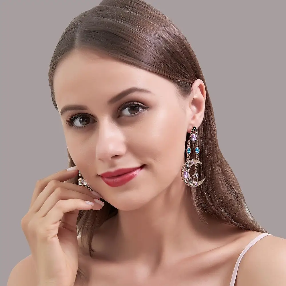 New Vintage Star Moon Asymmetric Long Dangle Earrings For Women Exaggerate Colorful Crystal Sun Earring Trend Party Jewelry Gift