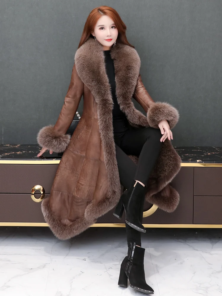 2021 Autumn/Winter New Genuine Leather Fur Clothing all-in-one Women's Coat Medium Length Double Face Fur Overcoat  Winter Warm