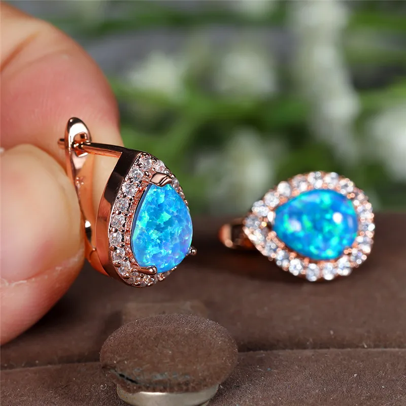 الفاخرة الإناث الأبيض الأزرق حلقان مصنعة من حجر الأوبال ارتفع الذهب الفضة اللون أقراط مشبكية الهندسة كريستال خمر أقراط الزفاف للنساء #3