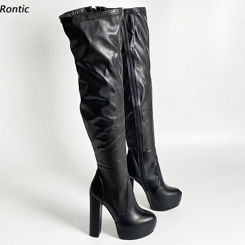 

Rontic Handmade Women Spring Stretch Thigh Boots Hidden Platform Chunky Heels Round Toe Nice Black Night Club Shoes US Size 5-20