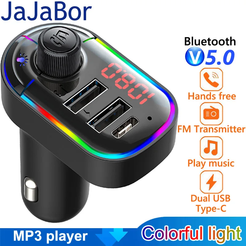 

JaJaBor FM Transmitter Car MP3 Player 3.1A Type C Car Charger U Disk Playback Handsfree Bluetooth-compatible 5.0 Car Kit