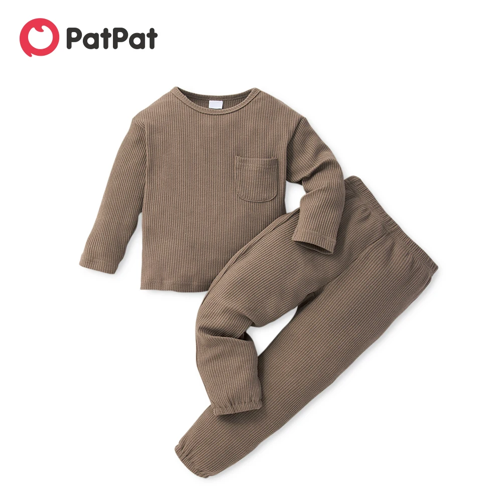 PatPat 2-piece Toddler Boy Round-collar Long-sleeve Ribbed Solid Top with Pocket and Elasticized Pants Casual Set