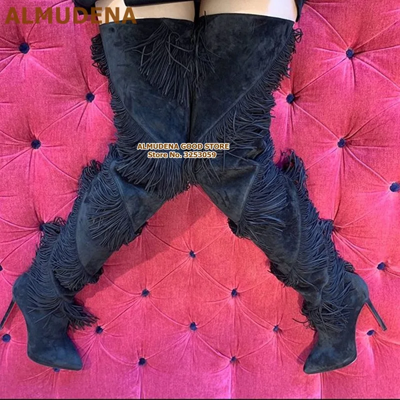 ALMUDENA Black Suede Fringe Over-the-knee Boots Newest Stiletto Heels Thigh High Tall Tassel Boots Luxury Stage Shoes Dropship