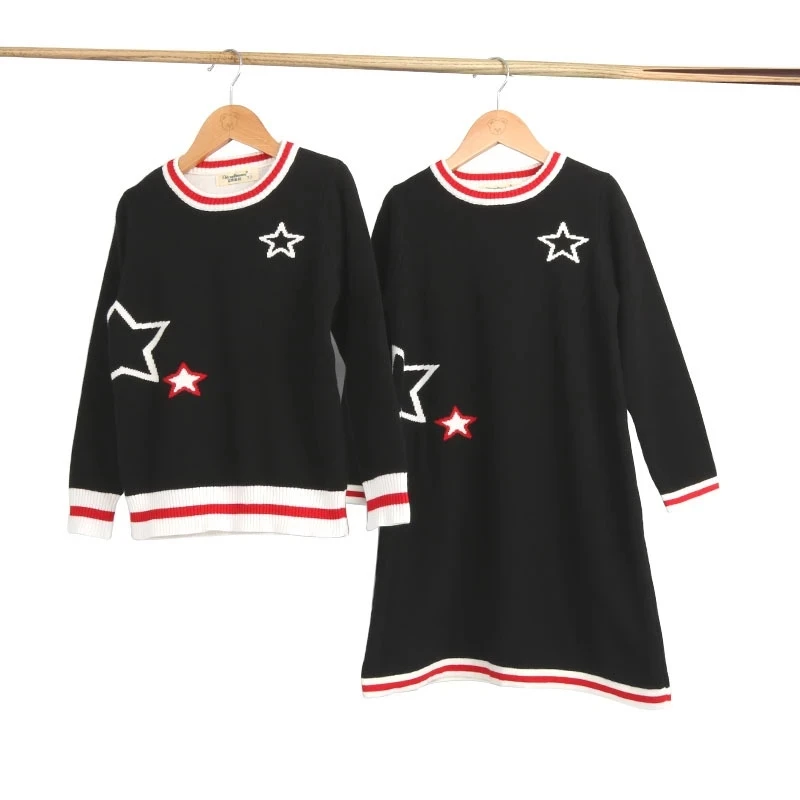 Sping Autumn Fashion 2 3 4 6 8 10 11 12 13 14 Year Brother Sister Siblings Set Star Knitted Dress Sweater For Kids Boy Girl