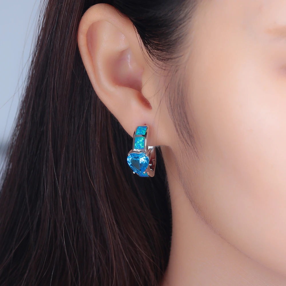 CiNily Created Blue Fire Opal Blue Zircon Silver Plated Earrings Wholesale Heart for Women Jewelry Hoop Earrings 1 1/8\