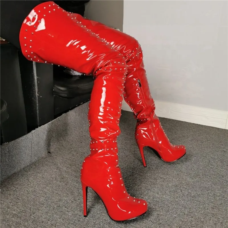 Ladies Hot red Rivet Ornament Sexy Long Thigh Boots Big Size Women Shoes Wholesale High Heel Over The Knee Boots