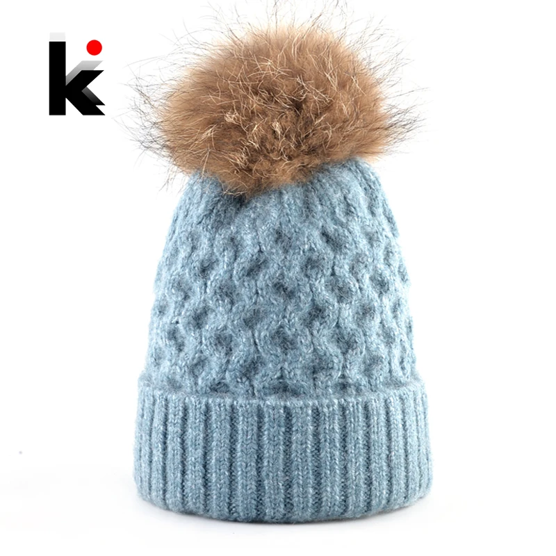 

Women's Winter Beanie Ladies Warm Knitted Wool Beanies Hat With Real Fur PomPom Ball Girls Solid Color Knit Woolen Gorras Bonnet