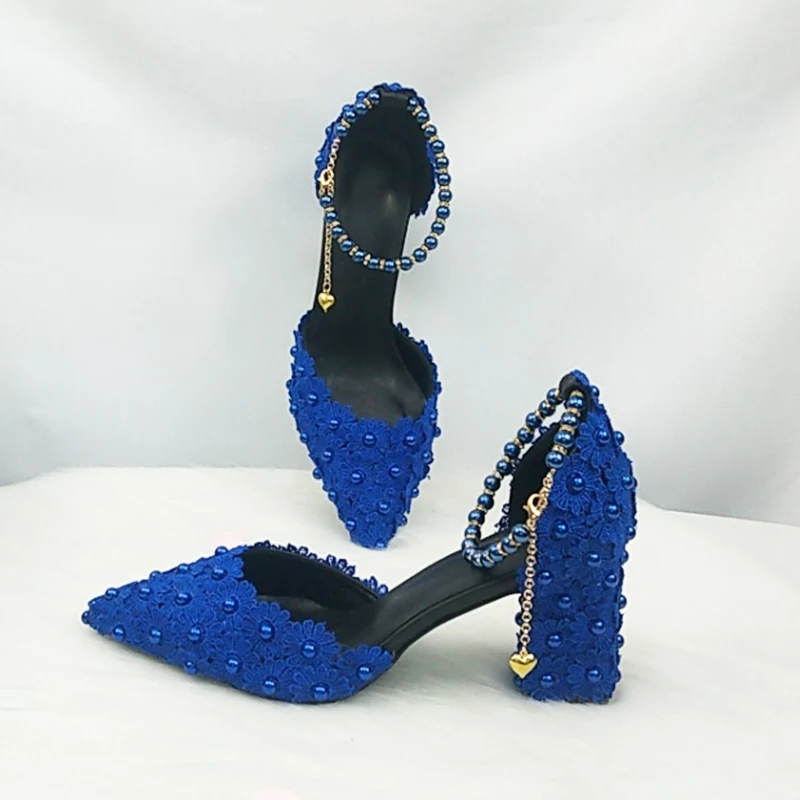 BaoYaFang Royal Blue Beads Flower Strap wedding shoes Bride Pointed Toe Square Thick High Heel Party dress shoes and bag set