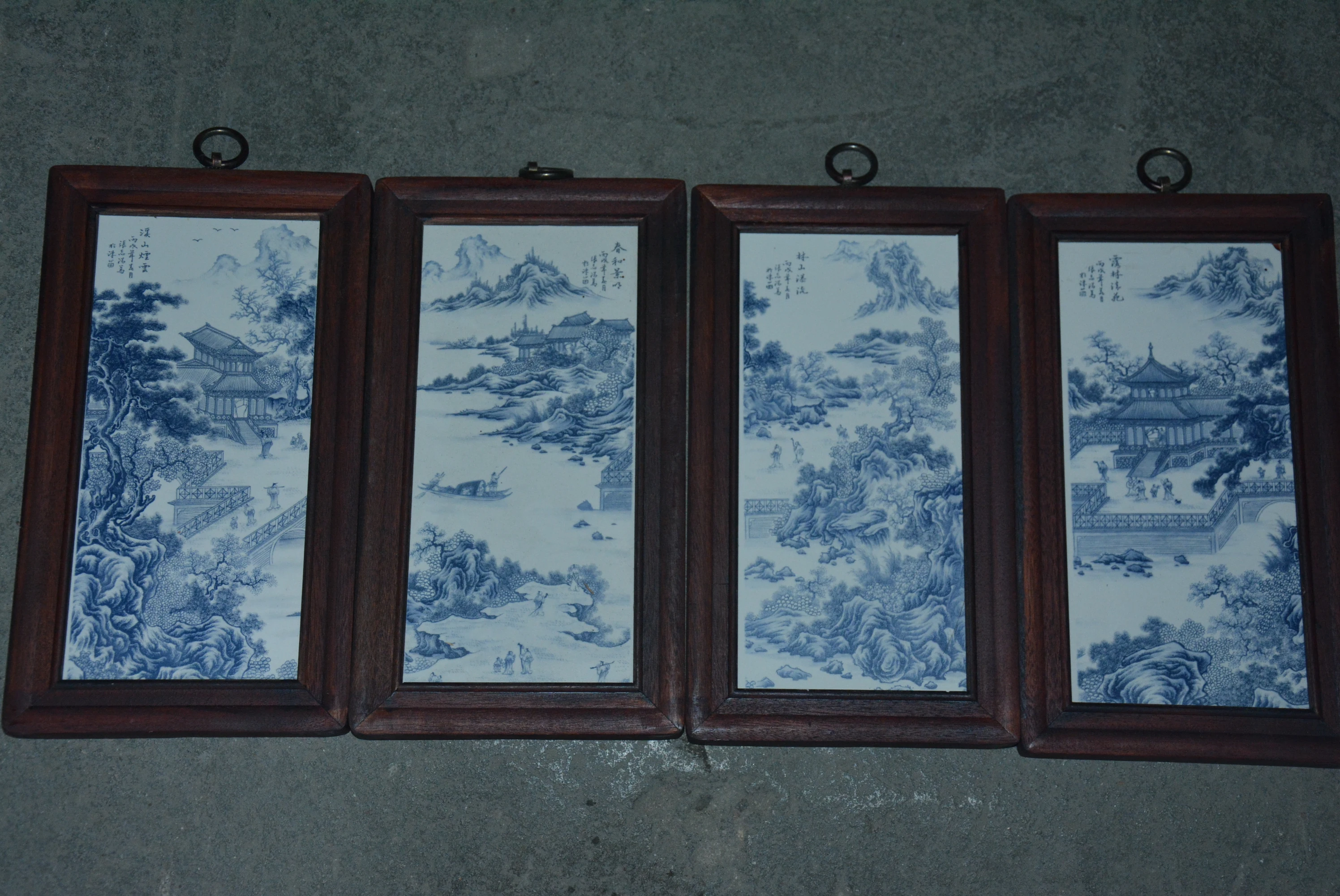 Antique white and blue porcelain brand painting, Chinese Royal Garden, 4 pieces/pack, Hand-painted crafts, best collection