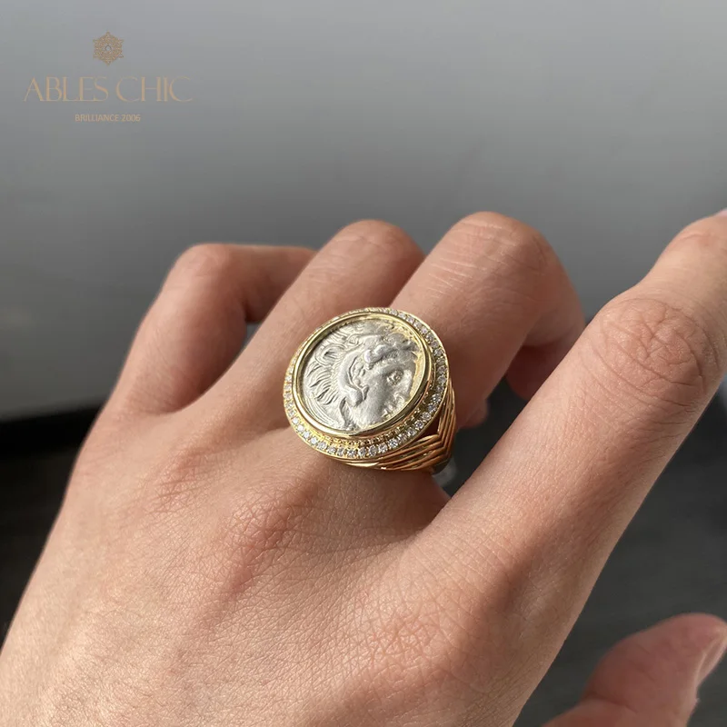 Solid 18K Gold Authentic Byzantine Ancient Heracles Silver Coin Ring Diamond 0.30ct Roman Rings