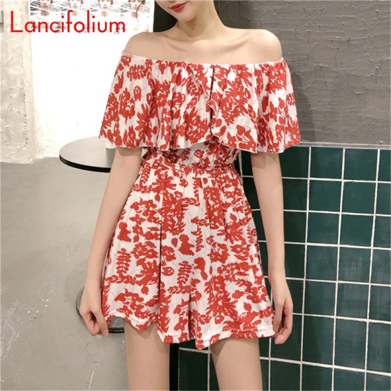 

Sexy Floral Ruffle Slash Neck Off Shoulder Short Cottagecore Waist Wide Leg Romper Playsuits Jumpsuit Women 2021 Summer Outfits