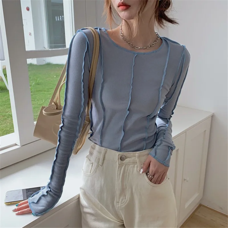 Karrcat Skintight Sexy Women Blouse Korea Shirt Bottoming Tops Soft Knitted Female Shirts Blue Rose Spring Blouses Blusa Chic